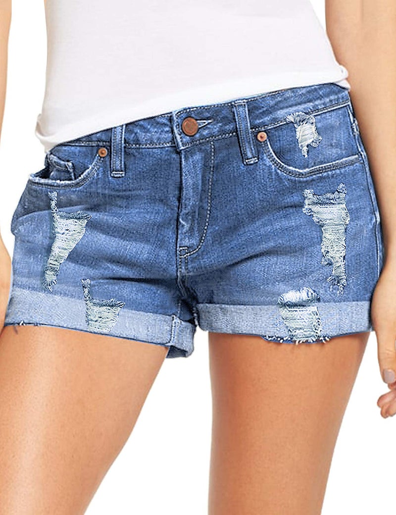 luvamia Women's Ripped Denim Jean Shorts High Waisted Stretchy Folded Hem Short Jeans A1 Lapis Air Size Large Fits US 12-14 - Image 1